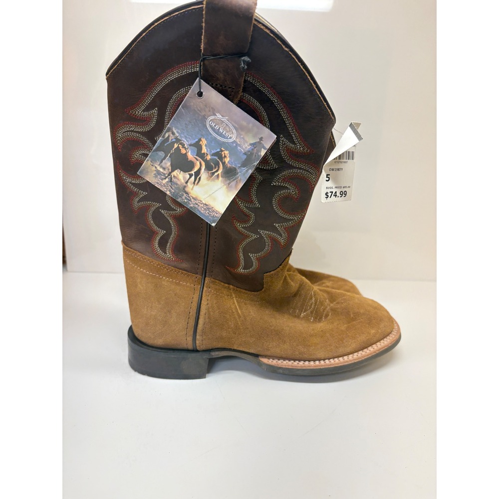 Old West Big Boys Size 5 Suede Leather Square Toe Cowboy Boots Brown